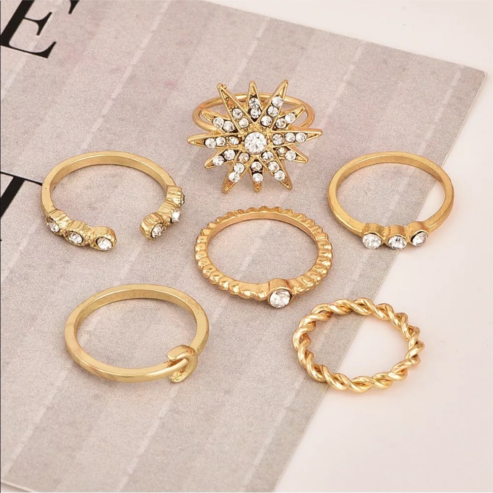 6 Pcs/Set Gold Starburst And Rhinestones Rings - Picture 6 of 7
